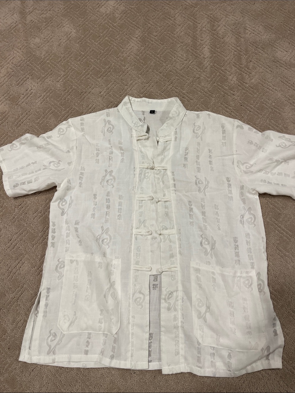 White Linen-Blend Mandarin Collar Button-Up Blouse